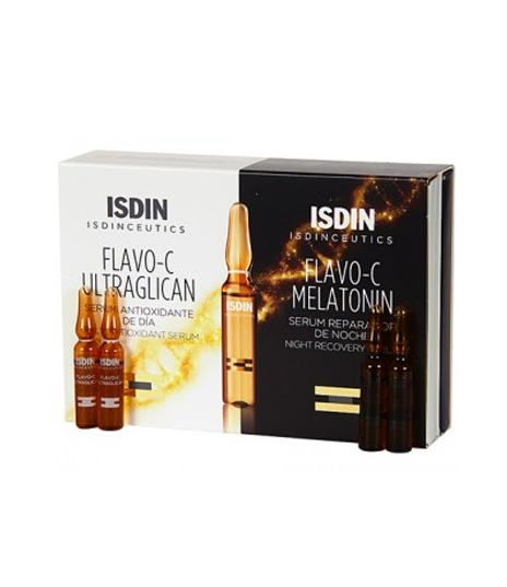 Sérum Antioxydant jour : Isdinceutics flavo-c ultraglican est une solution pour le visage en ampoules contenant une association avancée d'antioxydants et d'hydratants qui agissent sur la perte de fermeté et sur les fines lignes d'expression.Il aide la peau à récupérer sa luminosité, facilite la récupération de l'élasticité et prévient les premiers signes de l'âge.La vitamine C aide à prévenir les effets des rayons UV et stimule la synthèse du collagène. Sérum Réparateur nuit : Agit pendant la nuit pour stimuler les défense antioxydantes de la peau et la préparer contre le stress oxydatif qu'elle subit pendant la journée.Ingrédient d'origine naturelle qui a des propriétés anti-âge et restaure l'élasticité et la fermeté de la peau.