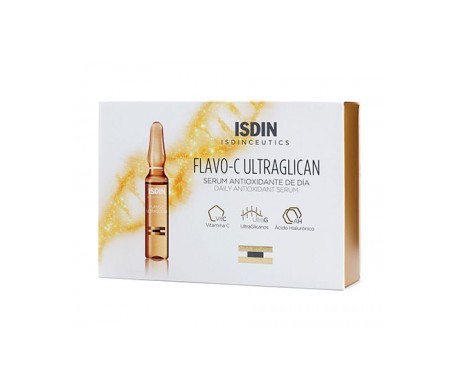 Les ampoules Flavo-C Ultraglican Isdin permettent de lutter contre les premiers signes de l’âge.La vitamine C neutralise les radicaux libres et active la synthèse du collagène pour éviter le photovieillissement qui provoque des rides et des tâches. Les protéoglycanes restaurent les cellules cutanées pour rendre son élasticité à la peau. Les pré-protéoglycanes sont des stimulants qui aident la peau à se régénérer.