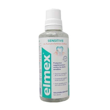 Elmex Sensitive Bain de Bouche Fluor 400 ml contient une combinaison unique d'agents actifs destinée à soulager et protéger les collets denudés hypersensibles.