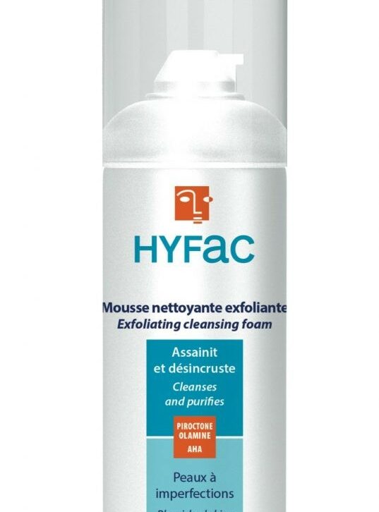La mousse nettoyante aux AHA Hyfac élimine les impuretés des peaux jeunes à problèmes pour aider à retrouver une peau nette et belle, sans imperfections. Les AHA ont une action kératolytique, permettant d’éliminer les impuretés/comédons présents dans les pores de la peau. L’utilisation de la mousse nettoyante exfoliante potentialise les effets du soin global HYFAC en abaissant le PH de la peau. Limite l’apparition des comédons (points noirs) Texture mousse fine et légère Limite l’apparition des « boutons » inflammatoires Prépare la peau à recevoir le soin aux AHA
