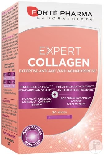 Expert Collagen est la formule complète à base de collagène et d’élastine d’origine marine pour une efficacité anti-rides garantie. Principes actifs :- Collactive : complexe Collagène + élastine d’origine marineIssu de la peau de cabillauds sauvages, pour un développement durableActifs recueillis par un process enzymatique sans solvant- Collagène type 1 : contribue à la fermeté de la peau.- Elastine : atténue rides et ridules et redonne souplesse et élasticité à la peau.- Vitamine A : contribue au maintien d’une peau normale.- Vitamine C : contribue à la formation normale de collagène.- Vitamine C, vitamine E et sélénium : contribuent à protéger les cellules contre le stress oxydatif.- Jus de grenade : propriétés antioxydantesGoût exotique