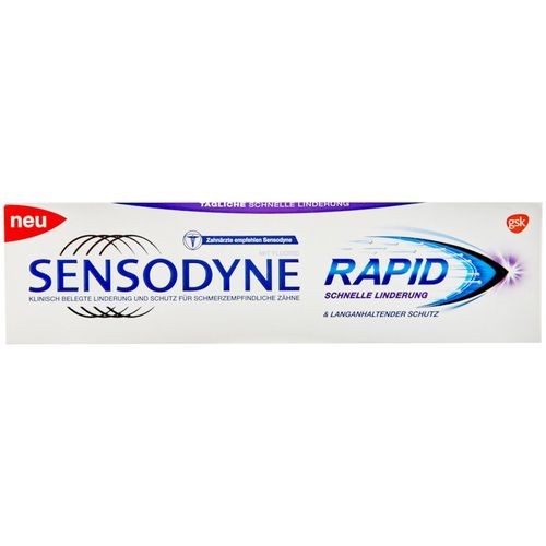 Sensodyne Rapide Action Blancheur Sensodyne Rapide Action Blancheur est le soulagement rapide de la sensibilité dentaire que tu cherchais. La formule à action rapide offre un soulagement de la sensibilité dentaire jusqu'à 60 secondes et aide à prévenir la sensibilité future pour que ton sourire reste fbeau. Doux pour les dents, ce dentifrice au fluorure aide aussi à protéger contre les caries, prévient les taches et donne un goût frais. La meilleure façon de protéger tes dents sensibles est de te brosser les dents régulièrement avec le dentifrice Sensodyne. Laissez Sensodyne Rapid Action t'aider à stopper rapidement les douleurs dentaires. Cette formulation unique forme rapidement une barrière sur les zones sensibles de tes dents, aidant à protéger contre la douleur causée par le froid, la chaleur, les acides, les sucreries et le toucher.