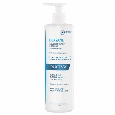 Ducray Dexyane Gel Nettoyant Surgras 400 ml est un gel nettoyant surgras pour le visage et le corps, recommandé pour nettoyer, protéger, apaiser les peaux très sèches et à tendance atopique de toute la famille.