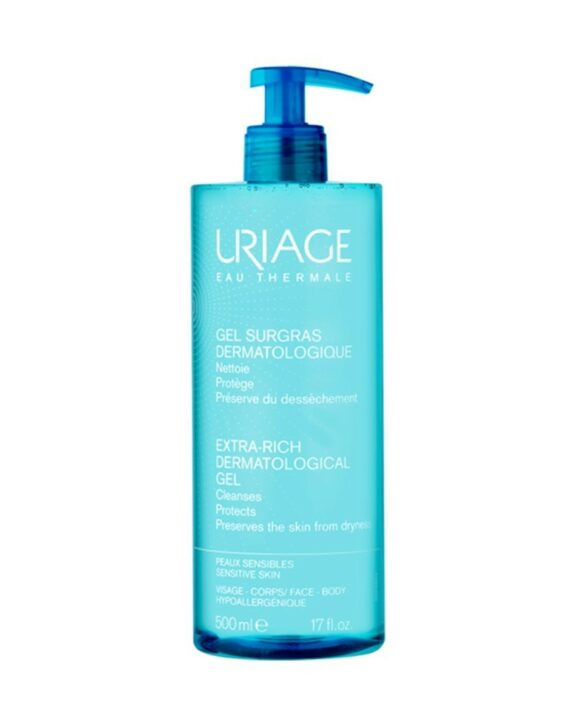 Uriage Gel Surgras Dermatologique 500 ml est un gel à la base lavante douce, sans savon, qui élimine les impuretés de la peau sans agresser. Ce gel surgras nettoie et améliore efficacement le confort de votre peau tout en respectant le film hydrolipidique. La peau est ainsi parfaitement nettoyée, hydratée et apaisée. Ce soin peut s'utiliser pour toute la famille. S'utilise pour le visage et le corps. Hypoallergénique. Testé ophtalmologiquement.