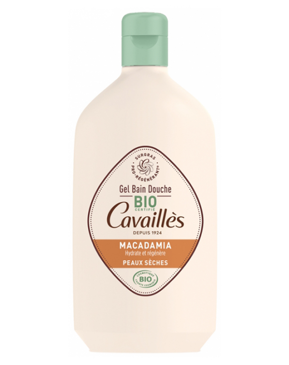 ROGE CAVAILLES GEL BAIN DOUCHE BIO HUILE DE MACADAMIA permet de nettoyer les peaux délicates et sensibles de toute votre famille. Ce gel surgras végétal permet d'adoucir et assouplir la peau. Avec une formule enrichie en surgras végétal pro-régénérant® et en macadamia bio, sa formule labellisée Cosmébio nettoie la peau sèche en douceur et aide à préserver son processus naturel de régénération. Sans savon et testée dermatologiquement sur peaux sensibles.