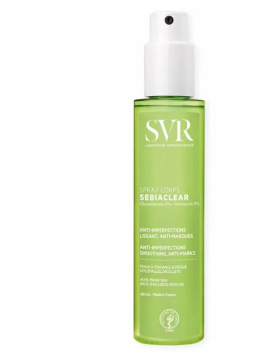  Svr sebiaclear spray corps anti imperfections pour corriger toutes les imperfections du dos, des épaules et du décolleté. Sebiaclear Spray Corps, c’est -40% de boutons dès 2 semaines !1 Il réduit les imperfections et prévient leur réapparition, lisse le grain de peau & diminue les marques post acné.
