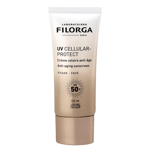 La Crème Solaire Visage Anti-Âge SPF50+ UV CELLULAR-PROTECT de Filorga protège efficacement la peau contre les UV tout en prévenant les signes visibles du vieillissement cutané.
