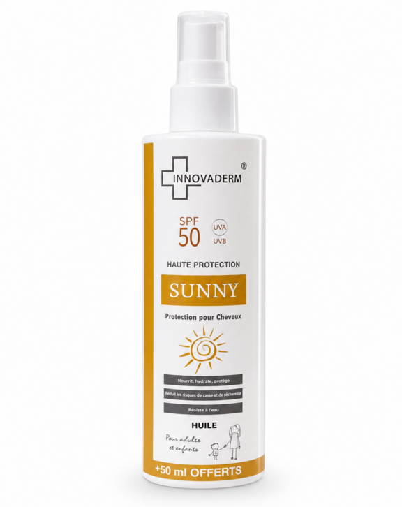 INNOVADERM SUNNY HUILE CHEVEUX SPF50 nourrit et protège la fibre des rayons solaires, elle adoucit la chevelure jusqu’aux pointes et la rend brillante. Elle possède une texture légère et non grasse, agréable à appliquer, idéale pour préserver le traitement de lissage des cheveux naturels et colorés en protéine, kératine, botox, etc. Elle protège efficacement vos cheveux du sel de mer et du chlore de la piscine.