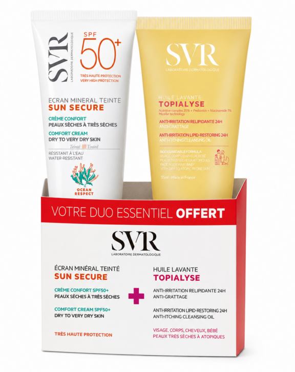 SUN SECURE Écran Minéral Teinté SPF50+ est un soin très haute protection 100% minérale. Il convient aux peaux intolérantes mais aussi aux femmes qui souhaitent se maquiller au soleil toute l’année. Grâce à sa bonne couvrance, les imperfections sont camouflées, le teint unifié toute la journée. Il existe en deux versions : crème toucher sec peaux normales à mixtes et crème confort peaux sèches à très sèches. Grâce à sa teinte universelle, il convient à toutes les carnations. Ce soin résiste à l’eau, à la transpiration et aux frottements pour une protection optimale.