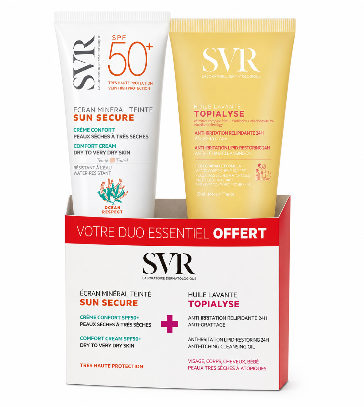 Svr sun secure écran teinté peau sèches+ huile lavante topialyse offert