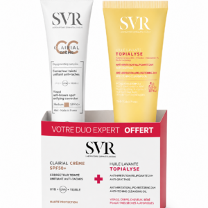 CLAIRIAL CC Crème Medium SPF50, un nouveau produit qui en un seul geste, hydrate, unifie le teint, corrige les taches et protège la peau grâce à des actifs dermatologiques hautement dosés : Un complexe dépigmentant LUMIWHITE+ qui atténue les taches. Des pigments correcteurs qui couvrent les taches, unifient instantanément et illuminent le teint Une très haute protection solaire SPF50 anti-UVA/UVA qui prévient et atténue les taches pigmentaires et surtout évite les récidives. Et comme tous les produits SVR, CLAIRIAL CC Crème Medium SPF50 est sans parfum, sans paraben, non comédogène. Testé sous contrôle dermatologique, il est hypoallergénique et peut être utilisé sur tous les types de peaux même les plus sensibles. Hydrate, unifie le teint, corrige les taches et protège la peau grâce à des actifs dermatologiques hautement dosés. Testé sous contrôle dermatologique, il est hypoallergénique et peut être utilisé sur tous les types de peaux même les plus sensibles. Huile ou gel offert  selon le stock !