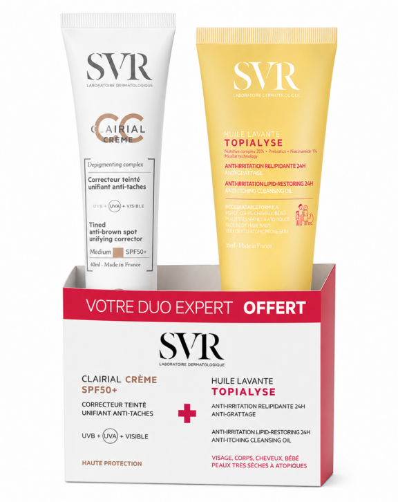 CLAIRIAL CC Crème Medium SPF50, un nouveau produit qui en un seul geste, hydrate, unifie le teint, corrige les taches et protège la peau grâce à des actifs dermatologiques hautement dosés : Un complexe dépigmentant LUMIWHITE+ qui atténue les taches. Des pigments correcteurs qui couvrent les taches, unifient instantanément et illuminent le teint Une très haute protection solaire SPF50 anti-UVA/UVA qui prévient et atténue les taches pigmentaires et surtout évite les récidives. Et comme tous les produits SVR, CLAIRIAL CC Crème Medium SPF50 est sans parfum, sans paraben, non comédogène. Testé sous contrôle dermatologique, il est hypoallergénique et peut être utilisé sur tous les types de peaux même les plus sensibles. Hydrate, unifie le teint, corrige les taches et protège la peau grâce à des actifs dermatologiques hautement dosés. Testé sous contrôle dermatologique, il est hypoallergénique et peut être utilisé sur tous les types de peaux même les plus sensibles. Huile ou gel offert  selon le stock !