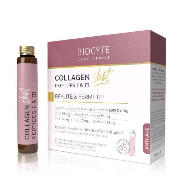 Biocyte Collagen Shot 10 Fioles gout cerise  est un complément alimentaire riche en collagène marin, acide hyaluronique, vitamine C et E, ainsi que du zinc. Chaque fiole favorise une absorption optimale pour un effet repulpant et raffermissant. De plus, avec l’acide hyaluronique végétal bio fermenté, ce produit offre une hydratation intense et une action anti-âge, pour une peau visiblement plus jeune. Enrichi en vitamines et minéraux essentiels, ce produit contribue à une peau éclatante