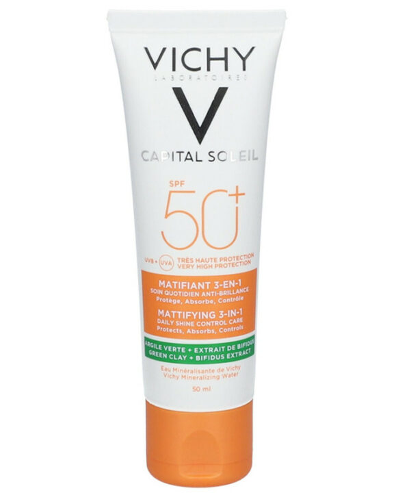 Capital Soleil Vichy Anti Taches 3en1 SPF50+ - Type de soin : Créme - Capacité : 40 Ml - Type de peaux : Tous types de peaux - Utilité : Offre une très haute protection anti-UVA et UVB - Système filtrant ultra performant - Soin quotidien teinté 3en1 - Anti age - Permet de protéger la peau du soleil - Unifie la peau - Corrige les taches brunes - Sans paraben et hypoallergénique - Eau Thermale Apaisante .