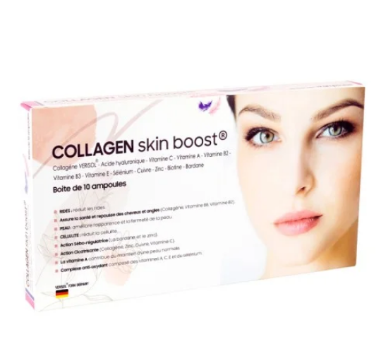 COLLAGEN SKIN BOOST™ est ultra concentré en collagène et en acide hyaluronique. Résultat : la peau est lissée et repulpée, les signes de l’âge sont réduits. Il est également enrichi en vitamine C qui contribue à la formation normale de collagène pour assurer la fonction normale de la peau et en vitamine E qui contribue à protéger les cellules contre le stress oxydatif grâce aux vitamines A, C et E. COLLAGEN SKIN BOOST ™ permet de restructurer et rééquilibrer la peau pour l’assainir et la purifier. Ce complément alimentaire, à base de plantes dont la bardane, le zinc, la pro-vitamine A, stimule naturellement et efficacement les processus de détoxination et d’assainissement de la peau. Il permet de traiter les impuretés et imperfections, l’acné aussi bien chez l’adolescent que l’adulte.