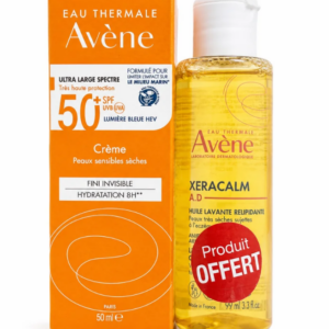 Ce duo Avène associe une très haute protection solaire à un soin lavant apaisant pour répondre aux besoins des peaux sensibles, sèches et fragilisées. La Crème Solaire SPF50+ protège efficacement la peau contre les rayons UVA et UVB tout en offrant une texture confortable, résistante à l’eau et adaptée à un usage quotidien. XeraCalm A.D Huile Lavante nettoie délicatement le visage et le corps sans dessécher la peau. Sa formule relipidante aide à préserver l’hydratation naturelle de la peau et procure une sensation immédiate de confort.