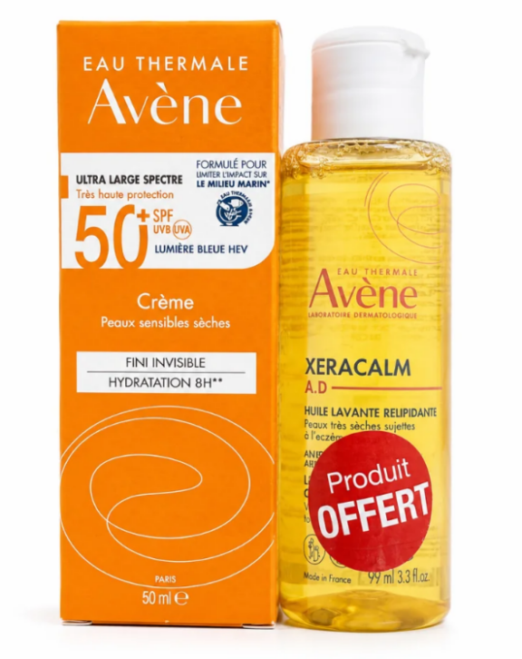 Ce duo Avène associe une très haute protection solaire à un soin lavant apaisant pour répondre aux besoins des peaux sensibles, sèches et fragilisées. La Crème Solaire SPF50+ protège efficacement la peau contre les rayons UVA et UVB tout en offrant une texture confortable, résistante à l’eau et adaptée à un usage quotidien. XeraCalm A.D Huile Lavante nettoie délicatement le visage et le corps sans dessécher la peau. Sa formule relipidante aide à préserver l’hydratation naturelle de la peau et procure une sensation immédiate de confort.