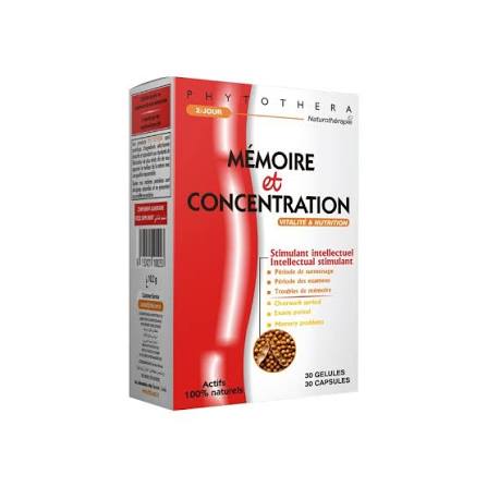 PHYTOTHERA Mémoire et Concentration est un complément alimentaire à base des plantes pour améliorer l’activité cérébrale, revitalise la mémoire et réduire les troubles de l’attention et l'hyperactivité. 2 gélules au coucher chaque soir pendant 2 mois. En cas de problèmes de mémoire ou d'activité mentale intense, prenez 2 gélules le matin et 2 gélules le soir.