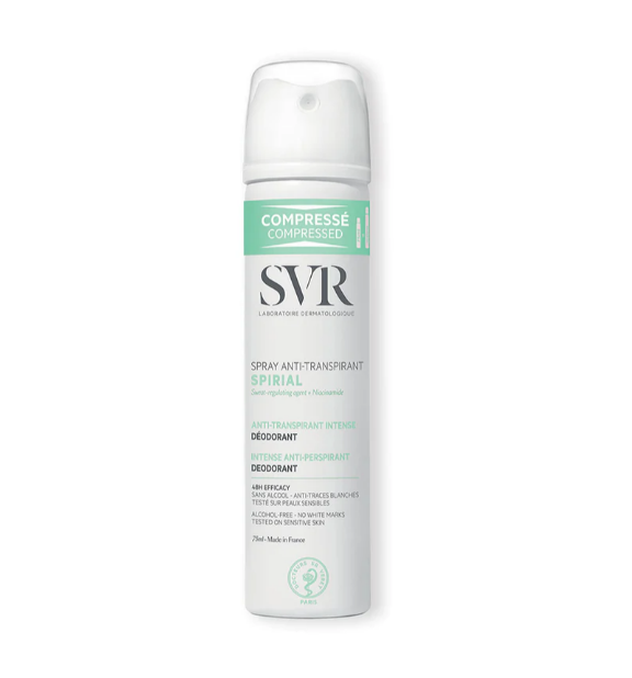 Spirial spray anti-transpirant intense du laboratoire SVR est un déodorant sans alcool et anti traces blanchespour les peaux sensibles. Ce déodorant soin allie douceur et efficacité 48H* pour toutes les peaux même en cas de transpiration intense (sport, stress…). Son excellente capacité anti humidité permet aux personnes sensibles avec une transpiration importante de se sentir à l’aise et en sécurité sans être gênées par des auréoles ou des odeurs désagréables.Il est idéal en toute situation pour les sportifs, les personnes sujettes au stress engendrant de l’hyperhidrose, car il peut être utilisé au niveau des aisselles mais également pour les mains et les pieds. 
