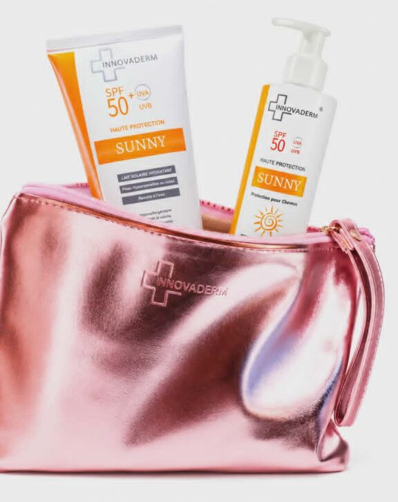 Pack solaire Innovaderm  sunny lait solaire spf50+ creme cheveux protectrice : lait solaire spf50+  offre une très haute protection contre les UVA et UVB spécialement conçues pour les peaux sensibles ou réactives face au soleil , sa formule innovante également adaptée aux enfants , texture innovante légère et facile à appliquer  Crème Cheveux SPF50 est un soin capillaire protecteur de 250ml, spécialement formulé pour offrir une défense complète à votre chevelure face aux agressions estivales. une trousse offerte