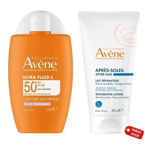 Avène Solaire Pack Ultra Fluide Éclat Radiance SPF50+ 50 ml + Lait Réparateur Après-Soleil 50 ml Offert est un coffret complet conçu pour protéger la peau des rayons UV tout en sublimant l’éclat naturel du teint. Avène Solaire Pack Ultra Fluide Éclat Radiance SPF50+ 50 ml Avène Lait Réparateur Après-Soleil 50 ml Offert