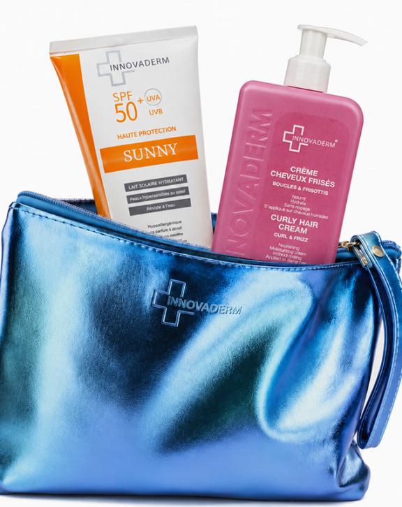 Pack solaire Innovaderm  sunny lait solaire spf50+ creme cheveux protectrice : lait solaire spf50+  offre une très haute protection contre les UVA et UVB spécialement conçues pour les peaux sensibles ou réactives face au soleil , sa formule innovante également adaptée aux enfants , texture innovante légère et facile à appliquer Créme Cheveux Frises et une crème bouclante qui est formulée pour structurer et définir les boucles naturelles des cheveux bouclés, frisés ou ondulés. Elle offre une action hydratante et anti-frisottis grâce à ses agents humectants et émollients, tout en apportant brillance et douceur. une trousse offerte