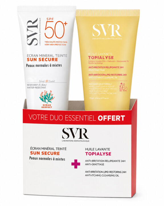 SVR SUN SECURE Écran Minéral Teinté SPF 50+ est idéal pour les peaux normales à mixtes. Sa formule légère offre une protection optimale contre les UV tout en unifiant le teint. Profitez d'une peau protégée et sublimée avec cet écran solaire à large spectre, parfait pour un usage quotidien. Huile ou gel offert  selon le stock !
