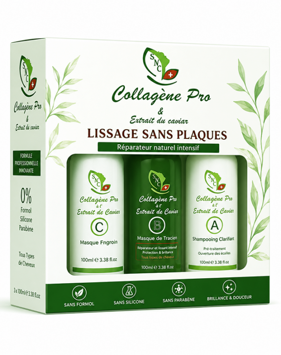 SNC Kit Lissage Sans Plaques – Collagène Pro & Extrait de Caviar 100ml Le Collagène Pro & Extrait de Caviar – Lissage Sans Plaques est un soin capillaire innovant conçu pour lisser, réparer et revitaliser les cheveux en profondeur. Grâce à sa formule professionnelle enrichie en collagène et extrait de caviar, ce traitement aide à restaurer la fibre capillaire, améliorer l’élasticité des cheveux et réduire les frisottis pour un résultat plus lisse et plus brillant. Ce pack de lissage cheveux à domicile offre une solution complète pour celles et ceux qui souhaitent obtenir des cheveux plus doux, plus souples et faciles à coiffer. Le collagène, reconnu pour ses propriétés hydratantes et réparatrices, renforce la structure du cheveu et aide à maintenir une hydratation optimale. L’extrait de caviar, riche en vitamines et en nutriments essentiels, nourrit intensément les cheveux secs, abîmés ou fragilisés. Ce soin lissant sans plaques est idéal pour obtenir un effet lisse naturel sans agresser les cheveux avec une chaleur excessive. Il contribue également à protéger les cheveux contre les agressions extérieures et à prolonger leur brillance. ✔ 0% Formol✔ 0% Silicone✔ 0% Parabène