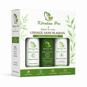 Pack Kératine Pro & Extrait de Caviar – Lissage Sans Plaques | Soin Réparateur Intensif Le Pack Kératine Pro & Extrait de Caviar – Lissage Sans Plaques est un soin capillaire innovant conçu pour lisser, réparer et nourrir les cheveux en profondeur. Grâce à sa formule professionnelle enrichie en kératine et extrait de caviar, ce traitement agit directement sur la fibre capillaire pour restaurer la structure du cheveu, réduire les frisottis et apporter une brillance naturelle. Ce pack lissage cheveux à domicile contient trois soins complémentaires qui travaillent ensemble pour offrir un résultat optimal : un shampooing préparateur qui nettoie en profondeur, un masque de lissage réparateur qui nourrit intensément les cheveux, et un soin fixateur qui prolonge l’effet lissant tout en adoucissant la chevelure. La kératine, reconnue pour ses propriétés fortifiantes, aide à reconstruire la fibre capillaire et à protéger les cheveux contre les agressions extérieures. L’extrait de caviar, riche en nutriments et en acides gras essentiels, apporte hydratation, vitalité et douceur aux cheveux secs ou abîmés. Ce soin lissant sans plaques est idéal pour celles et ceux qui souhaitent obtenir des cheveux plus lisses, plus brillants et plus faciles à coiffer sans utiliser de chaleur excessive. ✔ 0% Formol✔ 0% Silicone✔ 0% Parabène