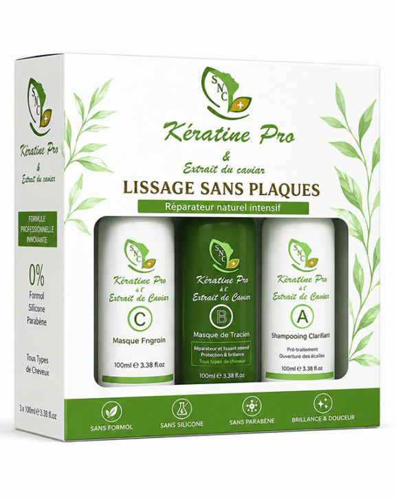 Pack Kératine Pro & Extrait de Caviar – Lissage Sans Plaques | Soin Réparateur Intensif Le Pack Kératine Pro & Extrait de Caviar – Lissage Sans Plaques est un soin capillaire innovant conçu pour lisser, réparer et nourrir les cheveux en profondeur. Grâce à sa formule professionnelle enrichie en kératine et extrait de caviar, ce traitement agit directement sur la fibre capillaire pour restaurer la structure du cheveu, réduire les frisottis et apporter une brillance naturelle. Ce pack lissage cheveux à domicile contient trois soins complémentaires qui travaillent ensemble pour offrir un résultat optimal : un shampooing préparateur qui nettoie en profondeur, un masque de lissage réparateur qui nourrit intensément les cheveux, et un soin fixateur qui prolonge l’effet lissant tout en adoucissant la chevelure. La kératine, reconnue pour ses propriétés fortifiantes, aide à reconstruire la fibre capillaire et à protéger les cheveux contre les agressions extérieures. L’extrait de caviar, riche en nutriments et en acides gras essentiels, apporte hydratation, vitalité et douceur aux cheveux secs ou abîmés. Ce soin lissant sans plaques est idéal pour celles et ceux qui souhaitent obtenir des cheveux plus lisses, plus brillants et plus faciles à coiffer sans utiliser de chaleur excessive. ✔ 0% Formol✔ 0% Silicone✔ 0% Parabène