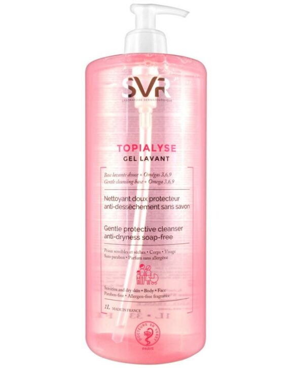 Topialyse Gel Lavant 1 L est un gel nettoyant doux protecteur, idéal pour l’hygiène quotidienne des peaux sensibles et sèches, du visage et du corps. Sa formule contient une base lavante douce anti-dessèchement, est sans savon et au pH physiologique et aide par conséquent à réduire les sensations de grattage pour une peau plus douce et plus confortable durablement. Enrichie en omégas 3, 6 et 9, sa formule est apaisante. Ce gel lavant convient aussi au cuir chevelu du nourrisson, il ne pique pas les yeux. Appliquer sur le visage ou le corps, faire mousser puis rincer. Indication : Hygiène quotidienne des peaux sensibles et sèches. Visage et corps.