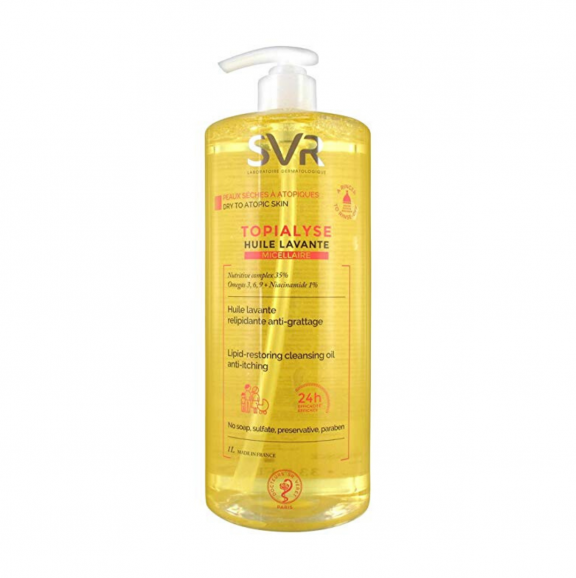 Pour toute la famille dès la naissance. Peaux sensibles sèches à très sèches à tendance atopique. Le soin lavant qui remplace tous les autres : gel douche, bain moussant, shampoing, hygiène intime, nettoyant visage et mains, démaquillant sous la douche. Ne pique pas les yeux. TOPIALYSE HUILE LAVANTE est un véritable soin lavant ; le premier geste de votre routine apaisante, anti-irritation, anti-grattage. Cette huile sensorielle riche en actifs relipidants et hydratants nourrit intensément la peau, préserve le film hydrolipidique et protège des agressions extérieures (froid, frottements) et des effets desséchants de l’eau calcaire. Sa texture huile soyeuse et enveloppante préserve l’hydratation pendant 24h pour un confort immédiat et longue durée. La peau est douce, le parfum délicat, c’est le produit chouchou de toute la famille !