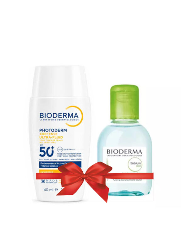 Bioderma Photoderm XDefense Ultra-Fluid SPF50+ 40ml + Bioderma Sebium h2O Solution Micellaire 100ml offert Photoderm XDefense Ultra-Fluid est une protection solaire visage SPF 50+ qui offre une protection complète face aux agresseurs environnementaux : rayons UV, lumière visible, infra-rouges et pollution. Bioderma Sebium h2O Solution Micellaire 100ml Nettoie et démaquille la peau en douceur sans la dessécher Assainit l’épiderme et normalise la qualité du sébum Procure une sensation de fraîcheur immédiate Peaux mixtes, grasses ou à imperfections. - Visage - Adultes et ados
