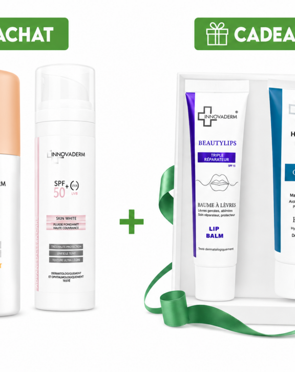 Innovaderm pack écran fluide fondation 01 ou 1.5 ou 02 + cadeau offert à l'achat de l'écran fluide fondation ou skin white vous avez une creme mains ou stick à levres offert