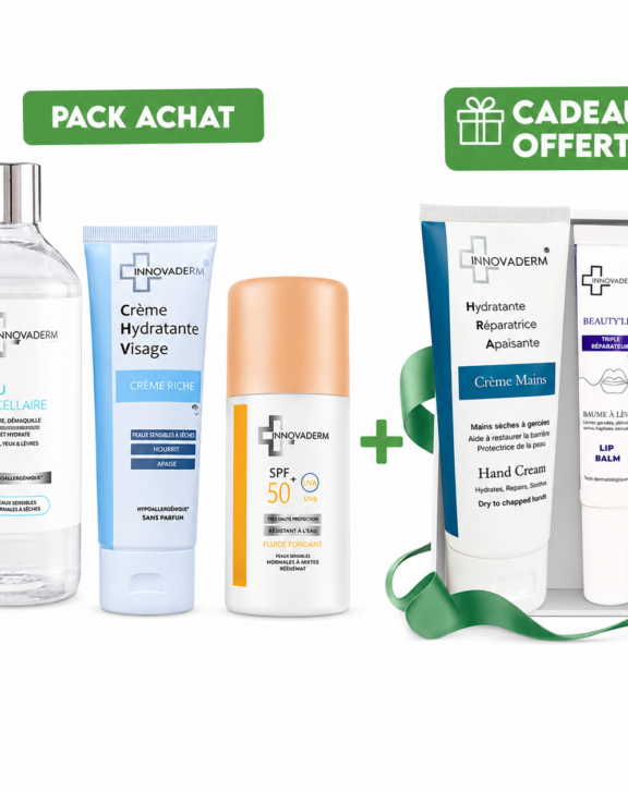 Innovaderm pack eau micellaire + creme riche + écran fondation + cadeaux offerts