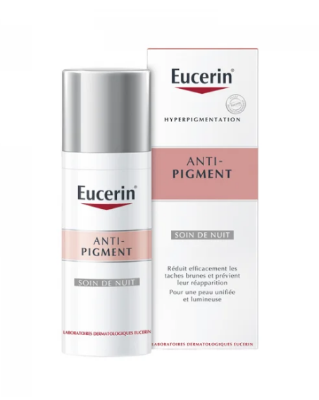 EUCERIN ANTI-PIGMENT SOIN DE NUIT 50ML Eucerin Anti-Pigment Soin de Nuit 50 ml est un soin qui réduit efficacement les taches brunes et prévient leur réapparition. Il contient du Thiamidol, actif breveté qui : agit sur la cause principale de l’hyperpigmentation, permet de réduire la production de mélanine, et prévient la formation de nouvelles taches brunes grâce à une utilisation régulière. La formule à base de Dexpanthenol favorise le processus de régénération de la peau pendant la nuit. Ainsi, la peau est unifiée et lumineuse.