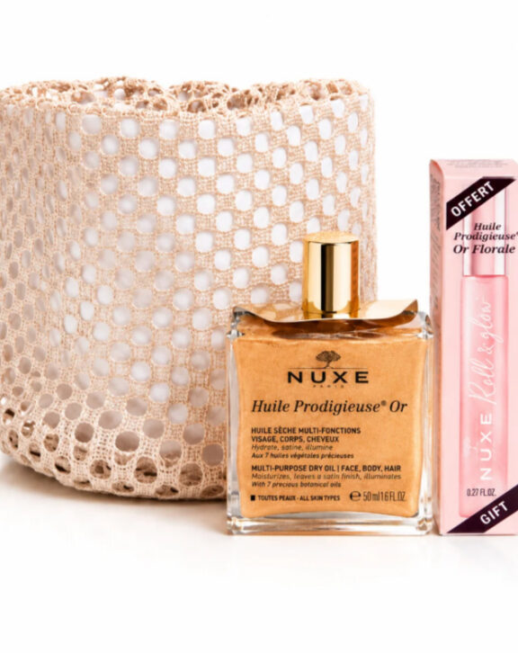 Nuxe huile prodigieuse or Huile sèche multifonctions Visage, Corps & Cheveux aux 7 huiles précieuses Enrichie de nacres dorées Nourrit, adoucit et protège Offre un éclat irrésistible Rend la peau lumineuse Embellit les cheveux Contenance 50 ml