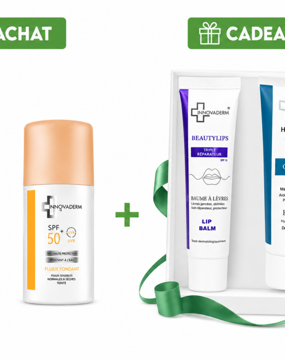 Innovaderm pack écran skin white 1.5 ou ivory ou sand   + cadeau offert à l'achat de l'écran skin white ou fluide fondation vous avez un produit offet stick à levres ou creme mains