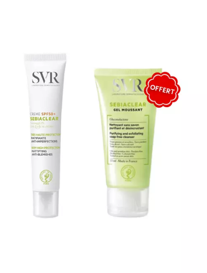 Exposée au soleil, la peau s’épaissie, les pores s’obstruent, microkystes et comédons se forment. Résultats après l’exposition, boutons et marques font surface. Sebiaclear Crème SPF50+ nouvelle formule, 2 en 1, protection solaire et soin : réduit imperfections et points noirs, matifie et prévient les marques brunes ou rouges et l’effet rebond liés aux UV. Sa nouvelle texture hydratante 8h pénètre très facilement et elle matifie votre peau pour une utilisation idéale en soin de jour.