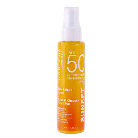 INODERMA Aloha Vaï Sunset SPF50 Huile Solaire Corps & Cheveux 120 ml est une huile solaire haute protection SPF50 qui protège efficacement la peau et les cheveux des rayons UVA et UVB. Sa texture légère et non collante convient à tous les types de peau, résiste à l’eau et apporte un fini lumineux pour une peau éclatante et des cheveux protégés.