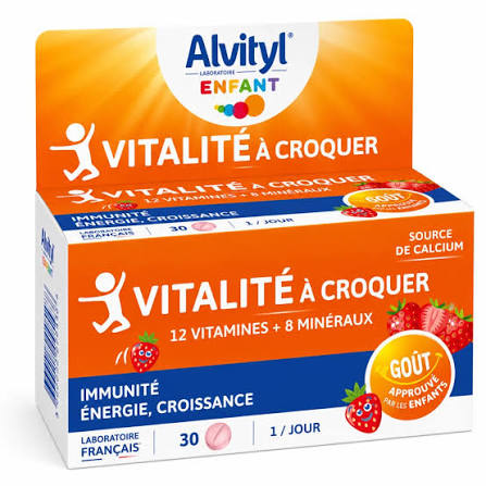 ALVITYL Vitalité A croquer dès 4 ans ALVITYL Vitalité A croquer dès 4 ans est un concentré de vitalité dans un comprimé au délicieux goût de fraises, testé et approuvé par les enfants. Alvityl Vitalité à croquer contient 12 vitamines et 8 minéraux dans un format adapté pour couvrir les apports sur un mois complet dès 4 ans. Grâce à son nouveau goût fraise, Alvityl Vitalité à croquer ravira les papilles de vos enfants qui n’appréhenderont plus de prendre leur cure de vitamines.