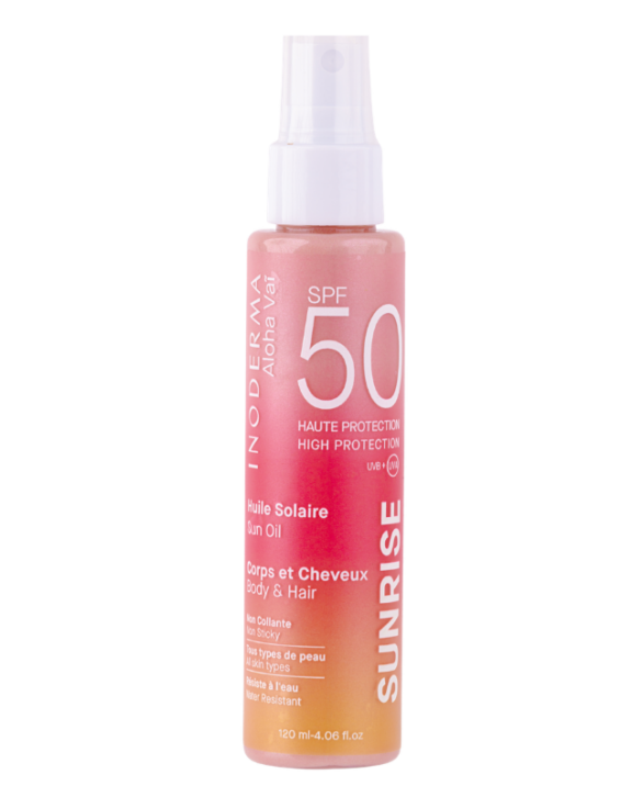 INODERMA Aloha Vaï Sunrise SPF50 Huile Solaire Corps & Cheveux 120 ml est une huile solaire haute protection SPF50 qui protège efficacement la peau et les cheveux des rayons UVA et UVB. Sa texture légère et non collante convient à tous les types de peau, résiste à l’eau et laisse un voile lumineux pour une peau éclatante et des cheveux protégés.
