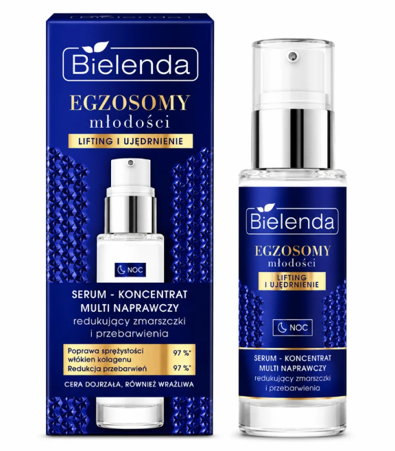 Le sérum-concentré nuit Bielenda Exosomes est un soin avancé conçu pour les peaux matures présentant des signes visibles de l’âge. Sa formule agit pendant la nuit pour aider à régénérer la peau, améliorer sa fermeté et réduire l’apparence des rides et des taches pigmentaires. Grâce à l’association d’exosomes biomoléculaires, d’un complexe dépigmentant, de niacinamide 10 % et de rétinol pur, ce sérum aide à lisser la peau, raviver l’éclat du teint et améliorer visiblement la texture cutanée.