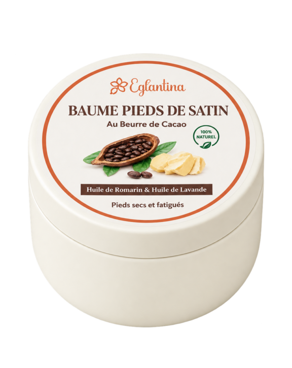 Eglantina Baume pieds de satin au beurre de cacao, enrichi en huiles essentielles, adoucit et revitalise vos pieds fatigués Une combinaison parfaite pour une peau chouchoutée de la tête aux pieds.