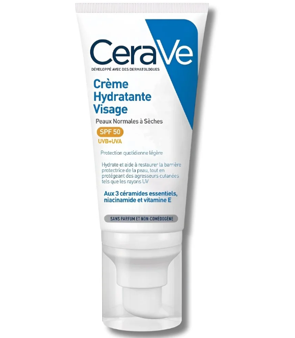 CeraVe Crème Hydratante Visage SPF50 52 ml est un soin hydratant quotidien avec protection légère UVA/UVB, conçu pour les peaux normales à sèches. Enrichie en 3 céramides essentiels, niacinamide et vitamine E, elle hydrate et restaure la barrière cutanée tout en protégeant contre les rayons UV.