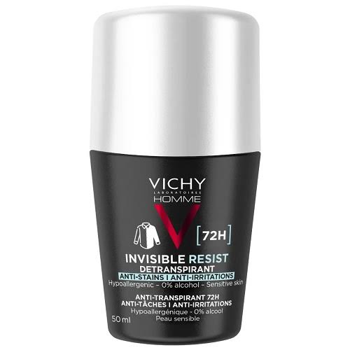 Invisible Resist 72h de Vichy formulé spécialement pour les hommes, est un dermo-détranspirant anti-taches, anti-irritations pour une tolérance optimale (0% alcool). Efficacité 72h anti-humidité et anti-odeur.