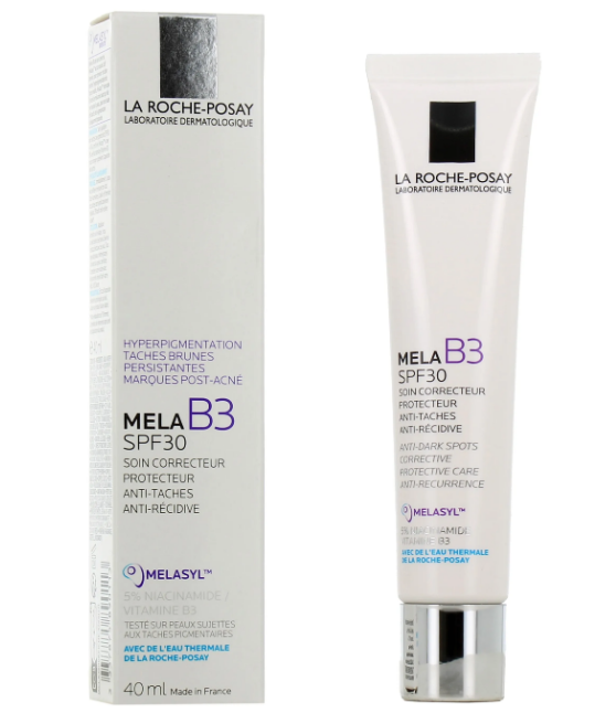 LA ROCHE POSAY MELA B3 SOIN CORRECTEUR ANTI TACHES SPF30 40ML LA ROCHE POSAY MELA B3 SOIN CORRECTEUR ANTI TACHES SPF30 est le nouveau soin correcteur et protecteur qui cible l'hyperpigmentation, grâce au Melasyl™ multibreveté et à la Niacinamide concentrée à 5% pour corriger les taches brunes persistantes. Il est associé à une protection SPF30 + UVA pour prévenir l'apparition de nouvelles taches. ​ Bénéfices : ​ Résultats visibles dès 1 semaine sur l'uniformité du teint 77% le teint semble plus uniforme 78% les taches sont visiblement plus claires dès 2 semaines 77% les taches semblent moins visibles dès 2 semaines