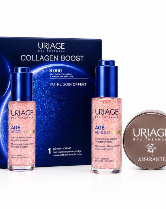 Le coffret Uriage Age Absolu contient le Sérum Micro-Redensifiant Booster Collagène accompagné d’un bouge/beauty blender offert. Cette routine anti-âge aide à corriger les signes visibles du vieillissement cutané tout en améliorant la densité et l’éclat de la peau Le sérum est formulé avec des actifs anti-âge puissants : Booster de collagène Acide hyaluronique Actifs redensifiants Eau Thermale d’Uriage Sa texture légère pénètre rapidement sans effet gras et convient aux peaux matures ou en manque de fermeté.