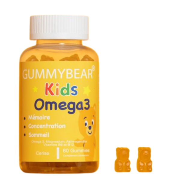 GUMMYBEAR® Kids Omega 3 est un complément alimentaire sous forme de gummies spécialement formulé pour soutenir la mémoire, la concentration et le bon développement cérébral des enfants. Sa composition associe des nutriments essentiels et des extraits naturels reconnus pour leur effet sur les fonctions cognitives et la détente nerveuse. Ce produit associe l’ huile de lin (source naturelle d’oméga-3 végétaux) au magnésium citrate à des vitamines du groupe B pour améliorer les capacités cognitives, la résistance au stress et la qualité du sommeil chez l’enfant. La synergie de ces actifs favorise une meilleure transmission nerveuse, une meilleure adaptation au stress mental et émotionnel, et un équilibre général propice à l’apprentissage. Dose recommandée : 4 gummies par jour.