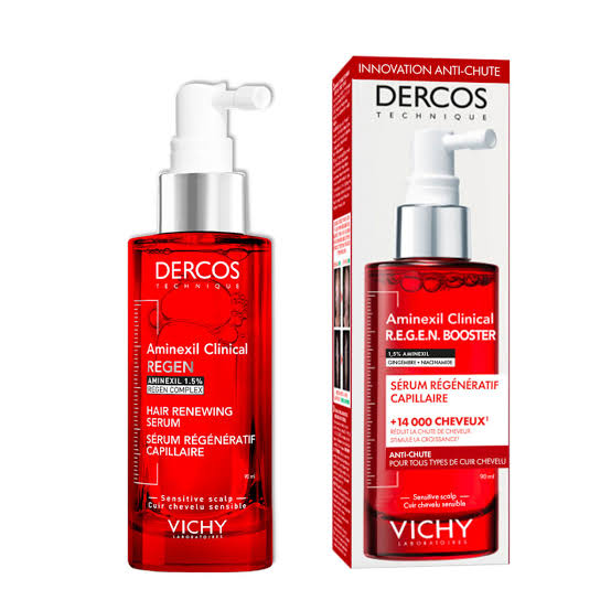 AMINEXIL CLINICAL R.E.G.E.N. BOOSTER de Dercos Vichy est un sérum régénérateur anti-chute conçu pour tous les types de cuir chevelu, y compris les plus sensibles. Ce sérum innovant, résultat de 30 ans de recherche scientifique, intègre une formule concentrée qui combine 1,5% d’Aminexil, une molécule anti-chute reconnue, avec 3% d’essence revitalisante à base d’extrait de gingembre et de niacinamide. Les résultats sont visibles : la chute des cheveux est significativement réduite, la croissance des cheveux existants est stimulée, les cheveux paraissent plus denses et la fibre capillaire s’épaissit. Des tests cliniques ont prouvé son efficacité avec une augmentation de plus de 14 000 cheveux en seulement 12 semaines*. L’application du sérum est facilitée par un embout spray ciblé qui permet une diffusion précise et rapide sur le cuir chevelu. Sa formule légère assure une absorption rapide, sans laisser de résidu ni d’effet gras, rendant son utilisation simple et agréable pour un soin quotidien efficace. Ce sérum convient aussi bien aux hommes qu’aux femmes, et son efficacité est cliniquement prouvée pour tous.